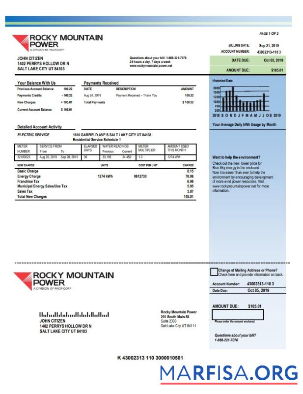 Downloadable USA Utah Rocky Mountain Power electricity utility bill template in Word and PDF format